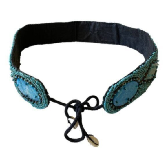 Turquoise Tribal Handmade Beaded African Cowrie Shell Tie Belt 32" - Picture 8 of 9